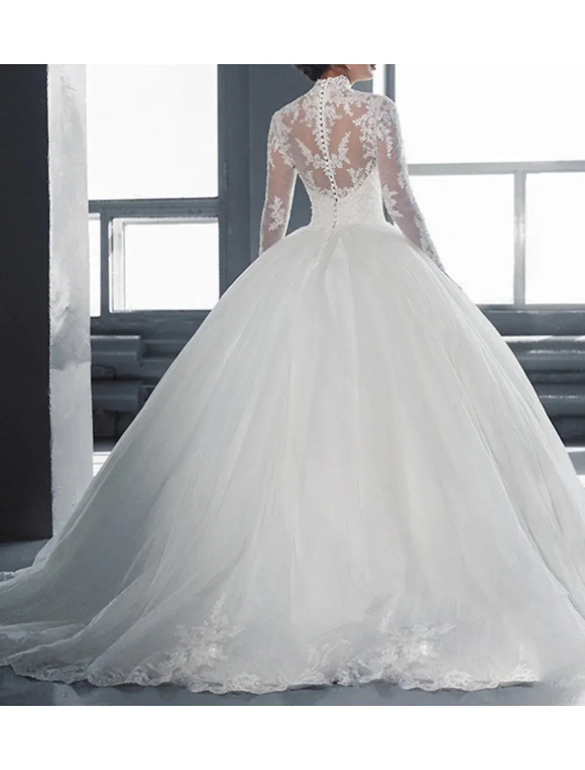 Ball Gown High Neck Tulle Long Sleeve Train Wedding Gown - Yihuiw by Yihuiw