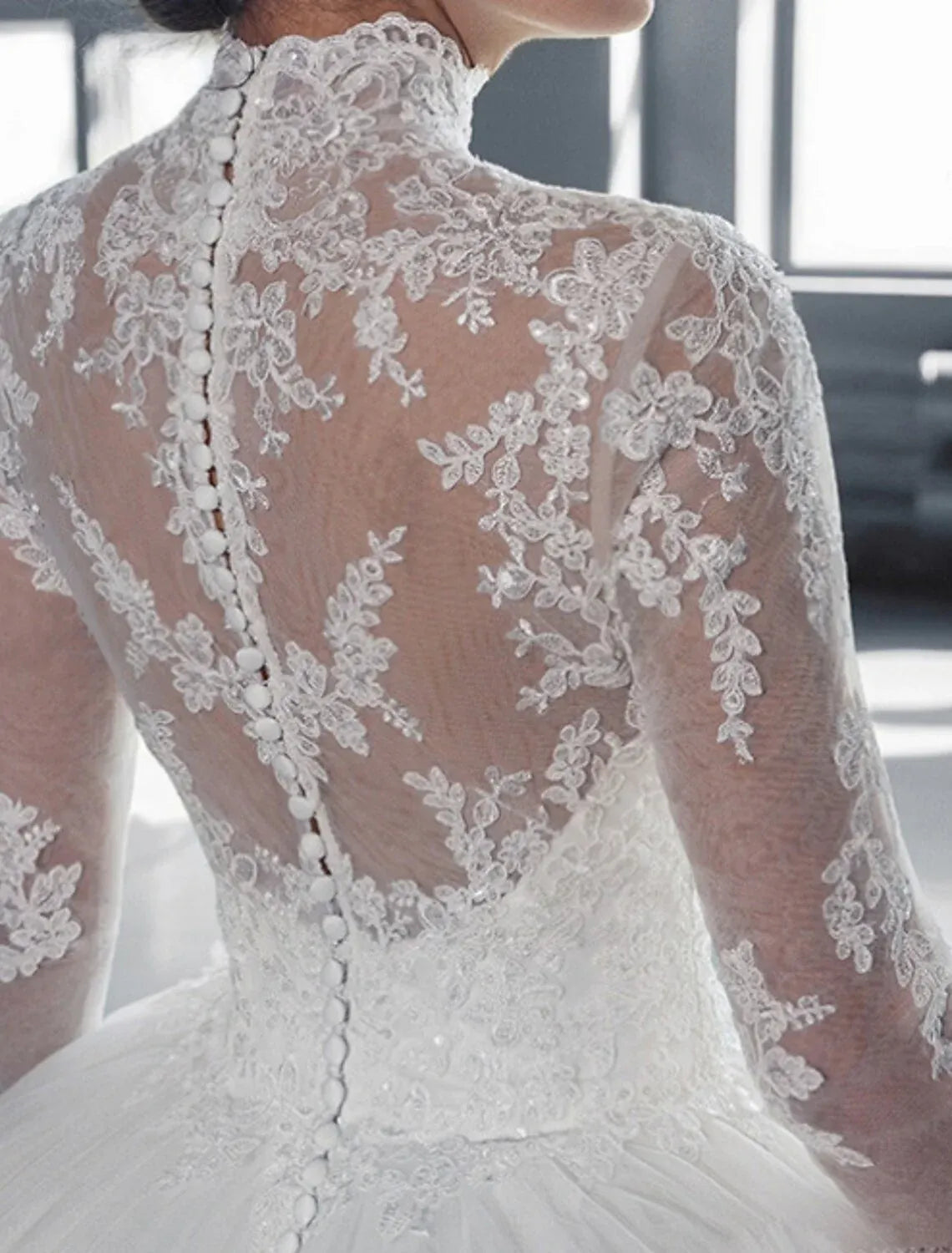 Ball Gown High Neck Tulle Long Sleeve Train Wedding Gown - Yihuiw by Yihuiw