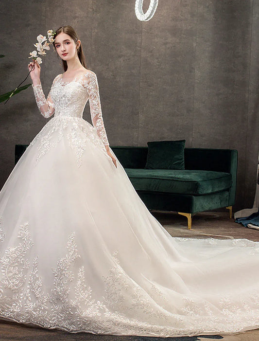 Ball Gown Sweetheart Lace Train Wedding Gown - Yihuiw by Yihuiw