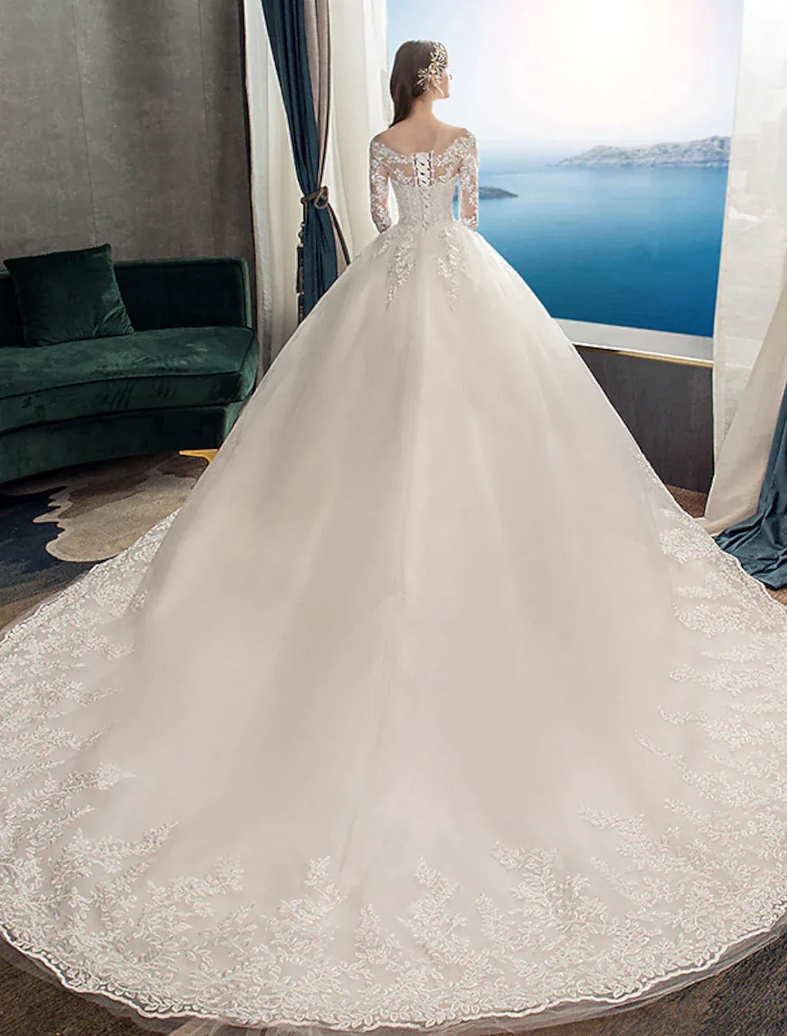 Ball Gown Sweetheart Lace Train Wedding Gown - Yihuiw by Yihuiw