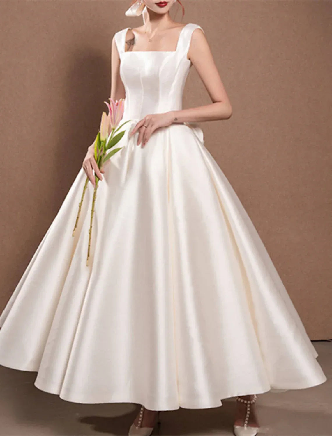 Ball Gown Square Neck Open Back Tea-Length Wedding Gown - Yihuiw by Yihuiw
