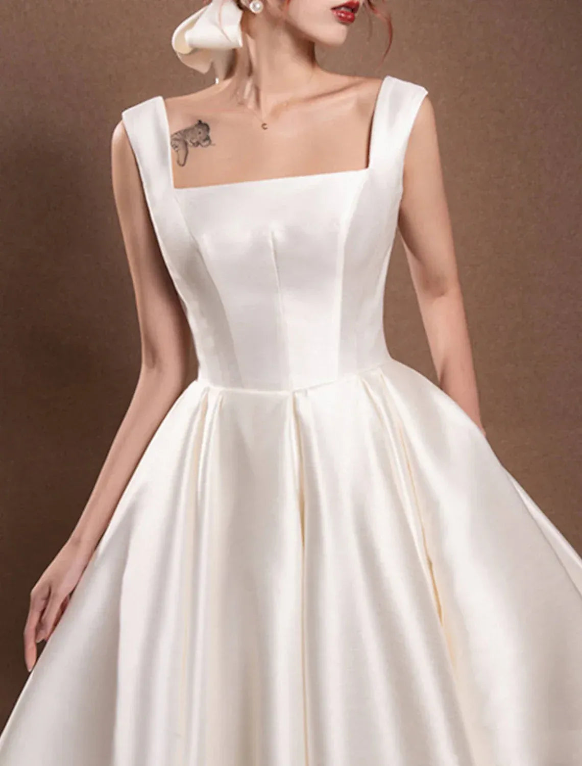 Ball Gown Square Neck Open Back Tea-Length Wedding Gown - Yihuiw by Yihuiw