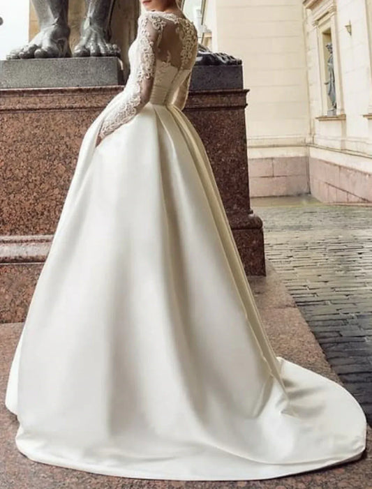 Ball Gown Illusion Satin Long Sleeve Train Wedding Gown - Yihuiw by Yihuiw