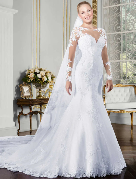 Mermaid Sweetheart Lace Long Sleeve Button Back Train Wedding Dress - Yihuiw by Yihuiw