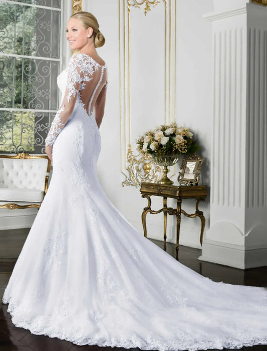 Mermaid Sweetheart Lace Long Sleeve Button Back Train Wedding Dress - Yihuiw by Yihuiw
