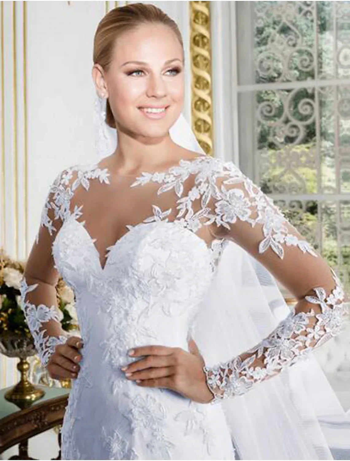 Mermaid Sweetheart Lace Long Sleeve Button Back Train Wedding Dress - Yihuiw by Yihuiw