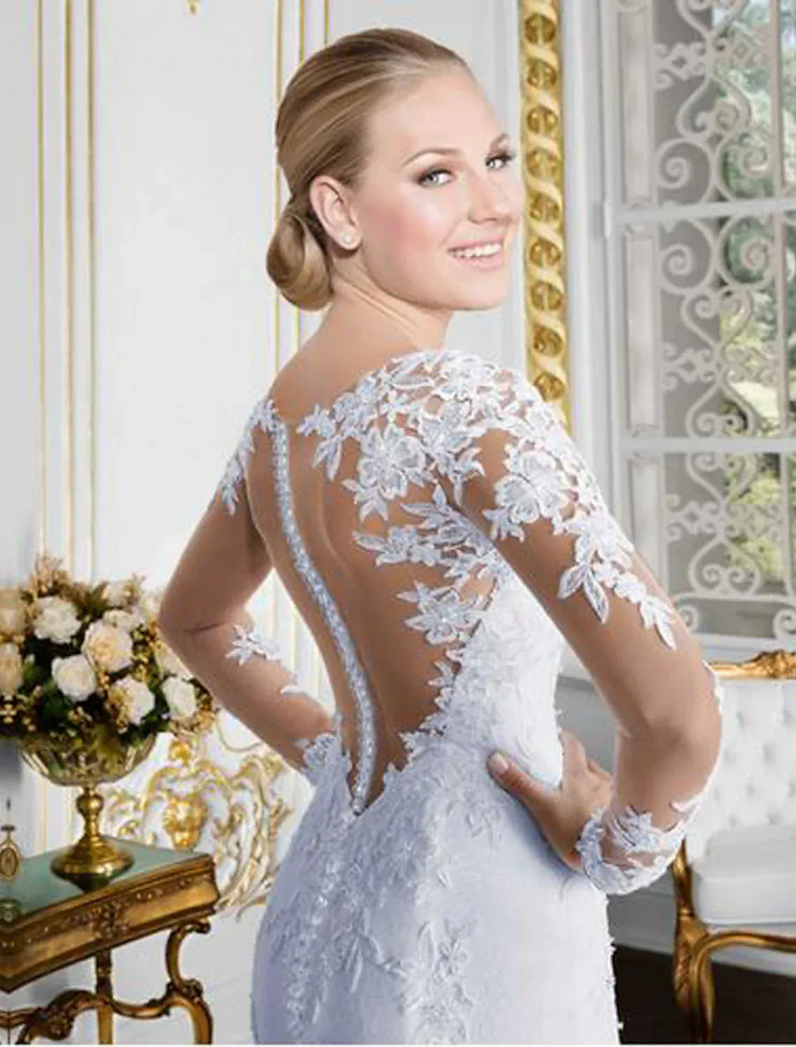 Mermaid Sweetheart Lace Long Sleeve Button Back Train Wedding Dress - Yihuiw by Yihuiw