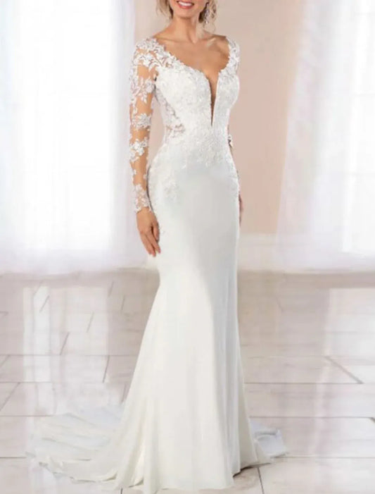 Mermaid Illusion Lace Open Back Wedding Dress - Yihuiw by Yihuiw