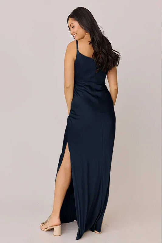 Navy Mermaid Spaghetti Strap Satin Open Back High Slit Wedding Dress - Yihuiw by Yihuiw