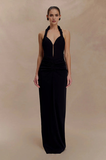 Classic Sheath Halter Neck Sleeveless Cutout Back Floor Length Prom Dress by YiHuiw