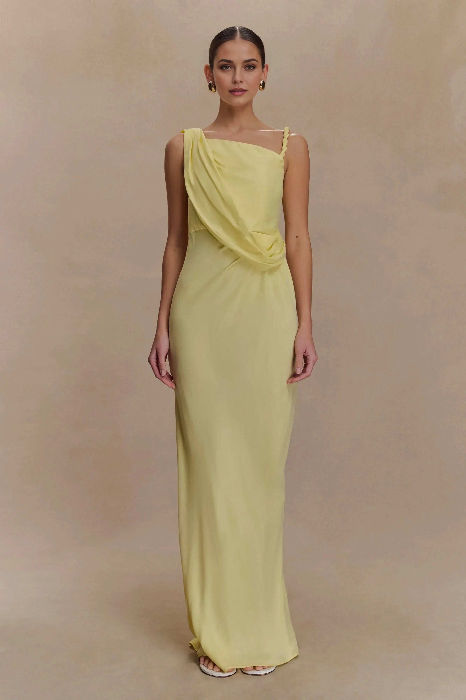 Classic Sheath One Shoulder Sleeveless Draped Back Floor Length Prom Dress by YiHuiw