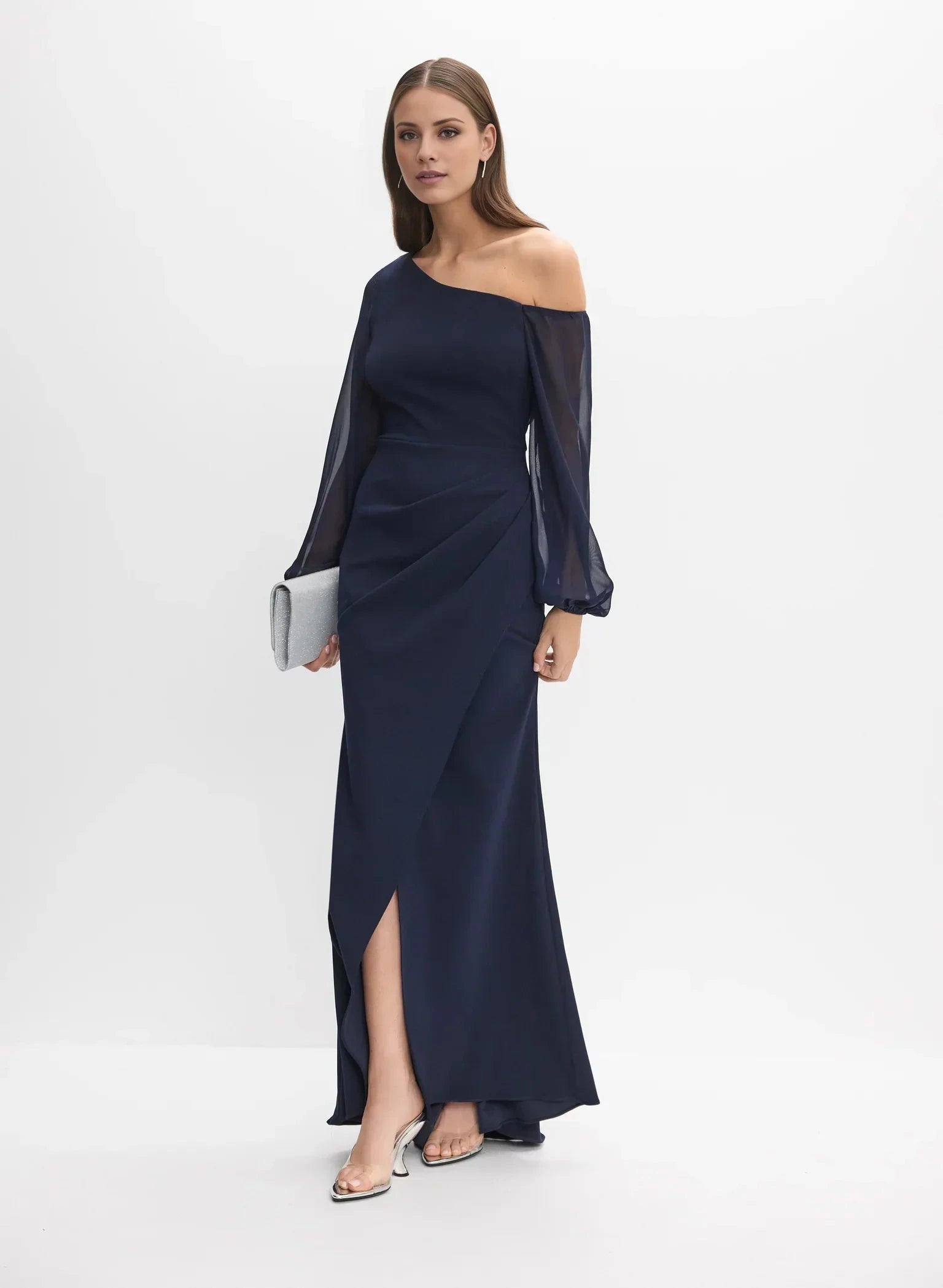 Classic A-Line One-Shoulder Neck Sheer Sleeve Side-Slit Floor-Length Evening Dress by YiHuiw
