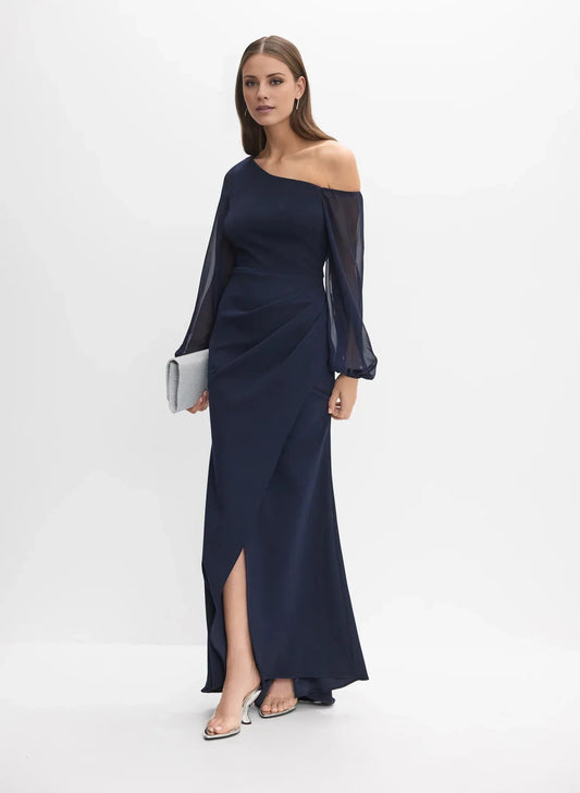 Classic A-Line One-Shoulder Neck Sheer Sleeve Side-Slit Floor-Length Evening Dress by YiHuiw