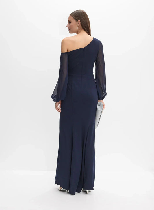 Classic A-Line One-Shoulder Neck Sheer Sleeve Side-Slit Floor-Length Evening Dress by YiHuiw