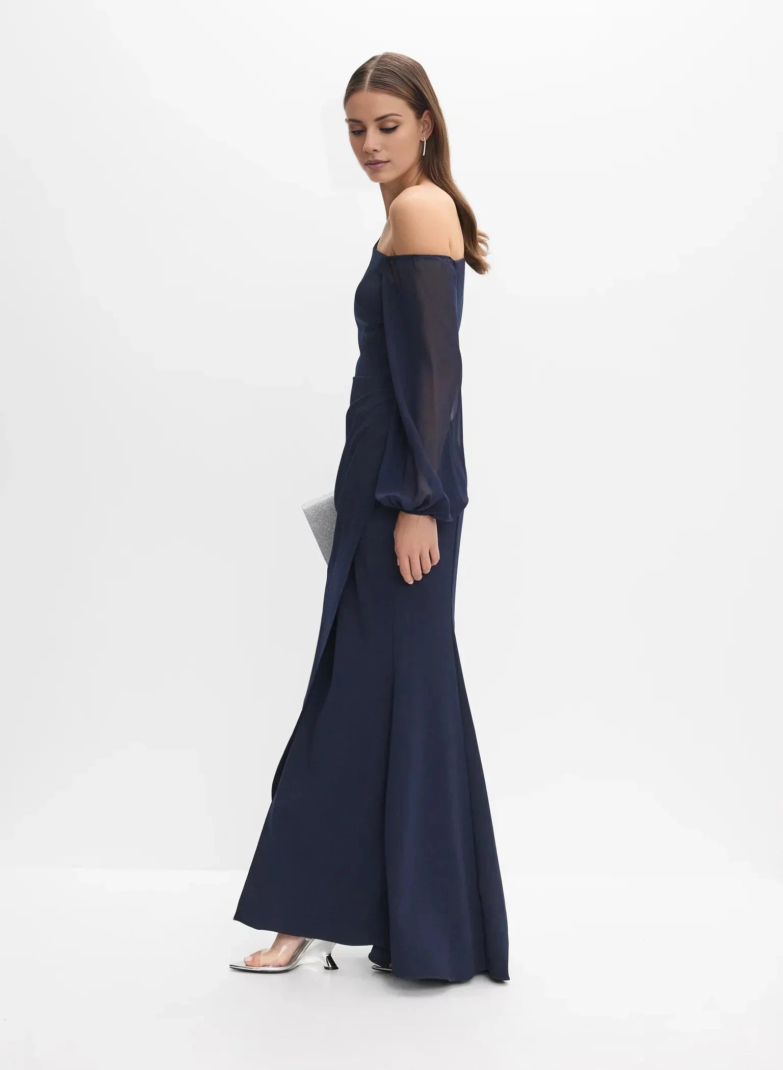 Classic A-Line One-Shoulder Neck Sheer Sleeve Side-Slit Floor-Length Evening Dress by YiHuiw
