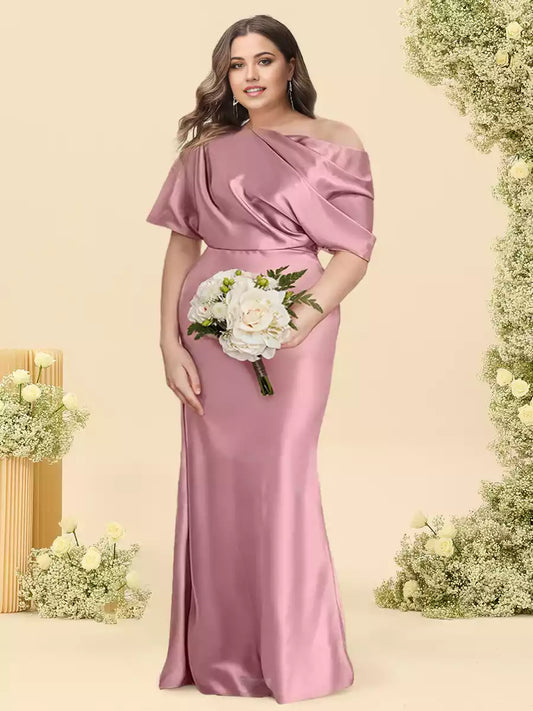 Classic Horn/Mermaid Single Shoulder Half Sleeve Large Fold Satin Bridesmaid Dresses