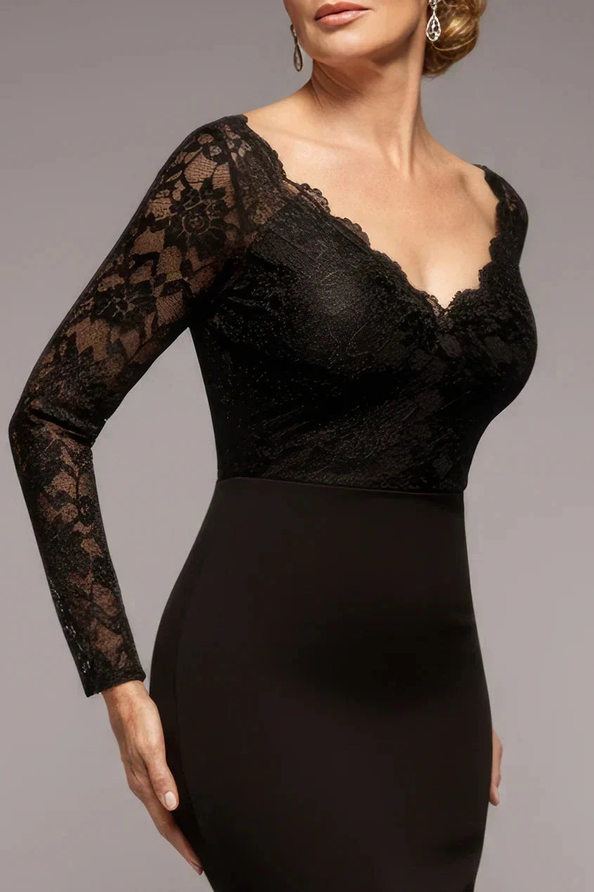 Classic Lace Long-Sleeve V-Neck Mermaid Floor-Length Mother of the Bride Dress by YiHuiw