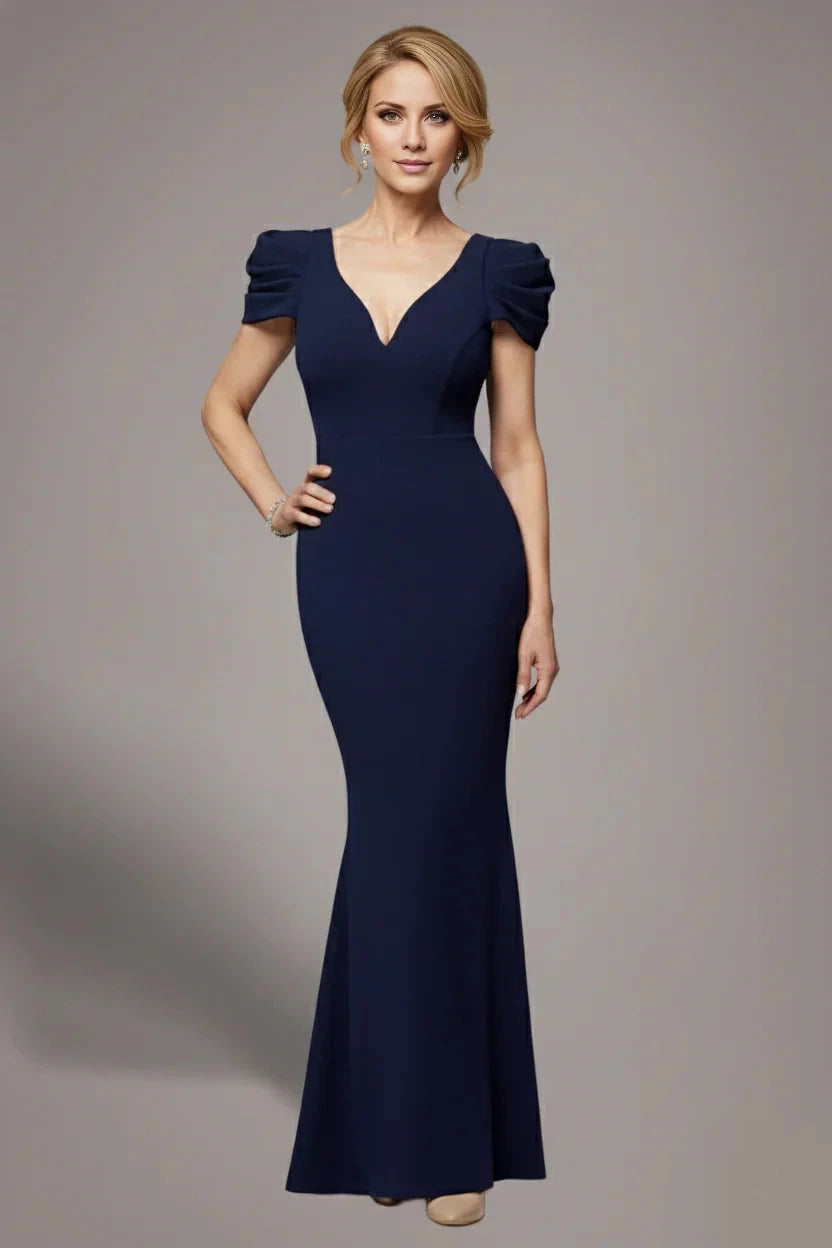 Classic Puff Sleeve V-Neck Open-Back Mermaid Floor-Length Mother of the Bride Dress by YiHuiw
