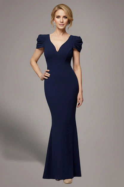 Classic Puff Sleeve V-Neck Open-Back Mermaid Floor-Length Mother of the Bride Dress by YiHuiw