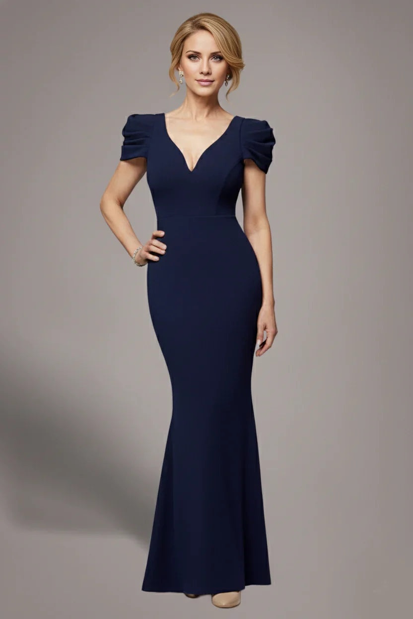 Classic Puff Sleeve V-Neck Open-Back Mermaid Floor-Length Mother of the Bride Dress