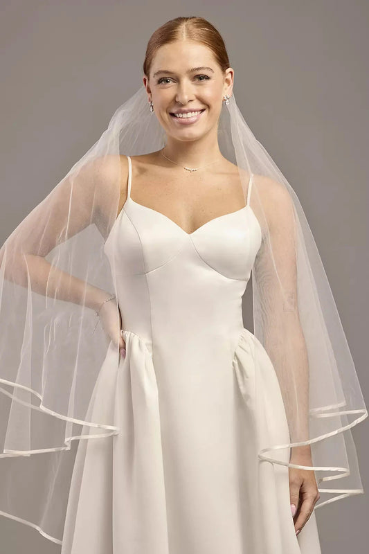 Classic Satin Edge Two-Tiered Chapel Length Wedding Bridal Veil by YiHuiw