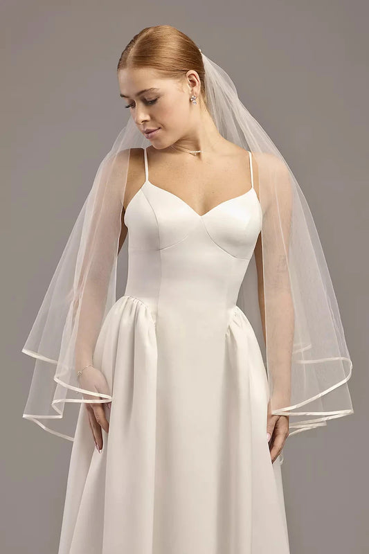 Classic Satin Edge Two-Tiered Chapel Length Wedding Bridal Veil by YiHuiw