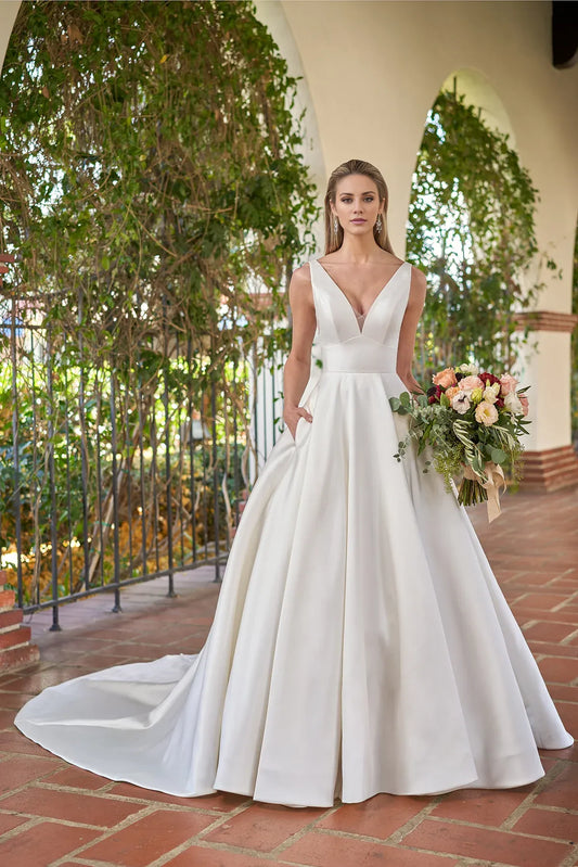 Satin Sleeveless Open Back Floor-Length Wedding Dress - Yihuiw by Yihuiw