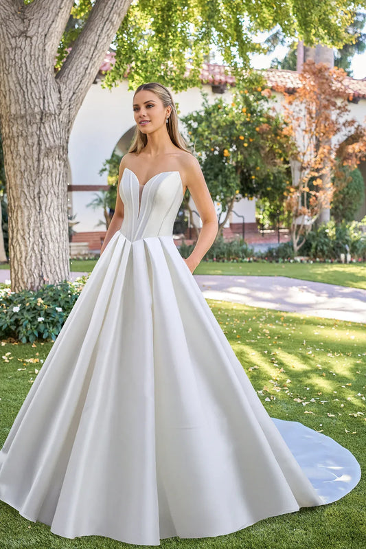 Strapless Satin Open Back Train Wedding Dress - Yihuiw by Yihuiw