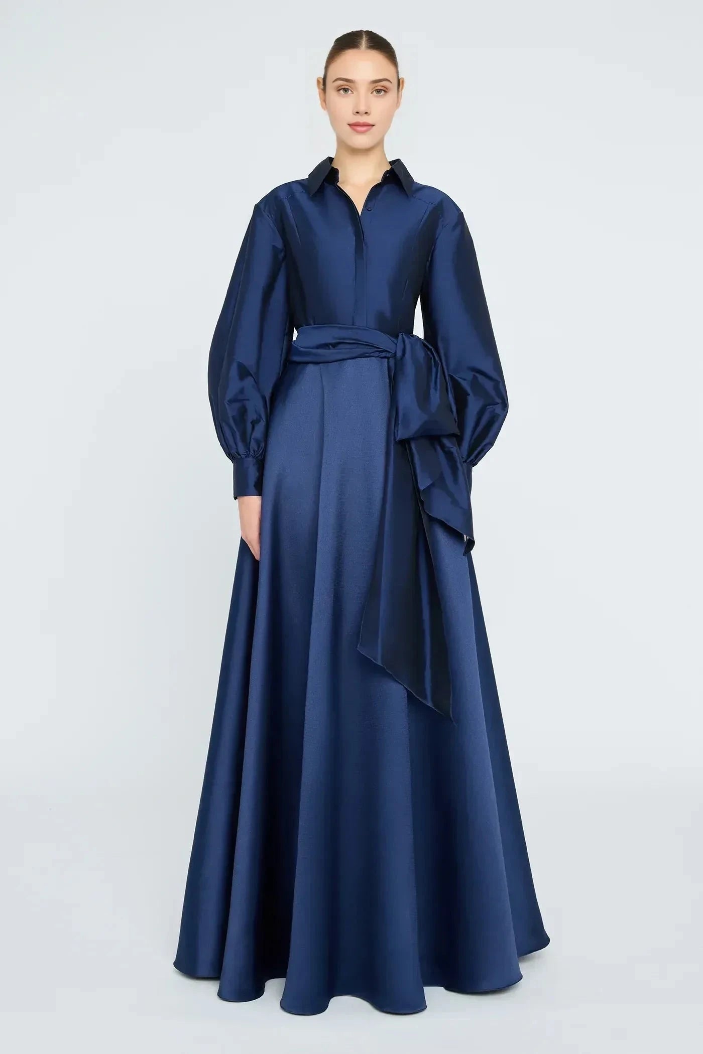 Classy A Line Shirt Neck Bishop Sleeve Belted Back Floor Length Prom Dress by YiHuiw