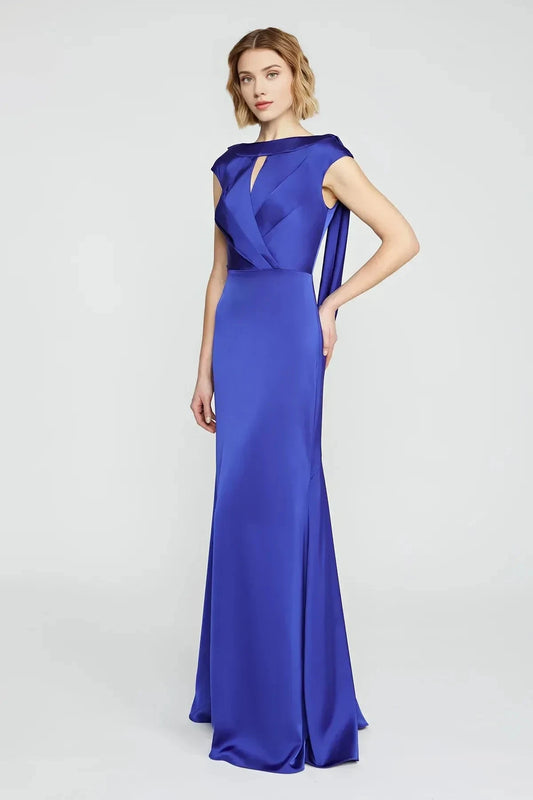 Classy Mermaid Keyhole Neck Cap Sleeve Draped Back Floor Length Prom Dress by YiHuiw