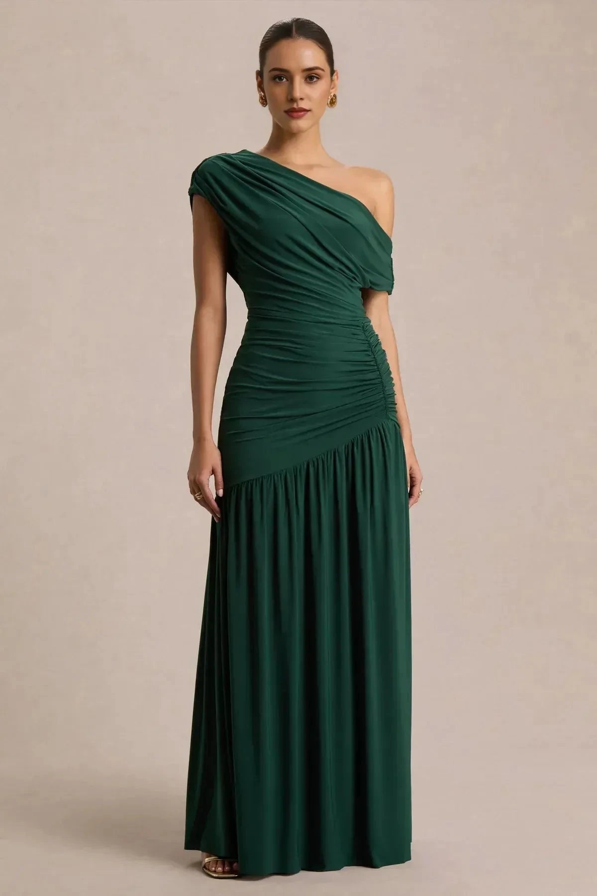 Classy Mermaid One Shoulder Draped Sleeve Ruched Back Floor Length Prom Dress by YiHuiw