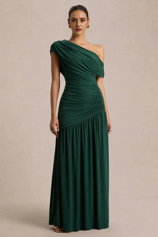 Classy Mermaid One Shoulder Draped Sleeve Ruched Back Floor Length Prom Dress by YiHuiw