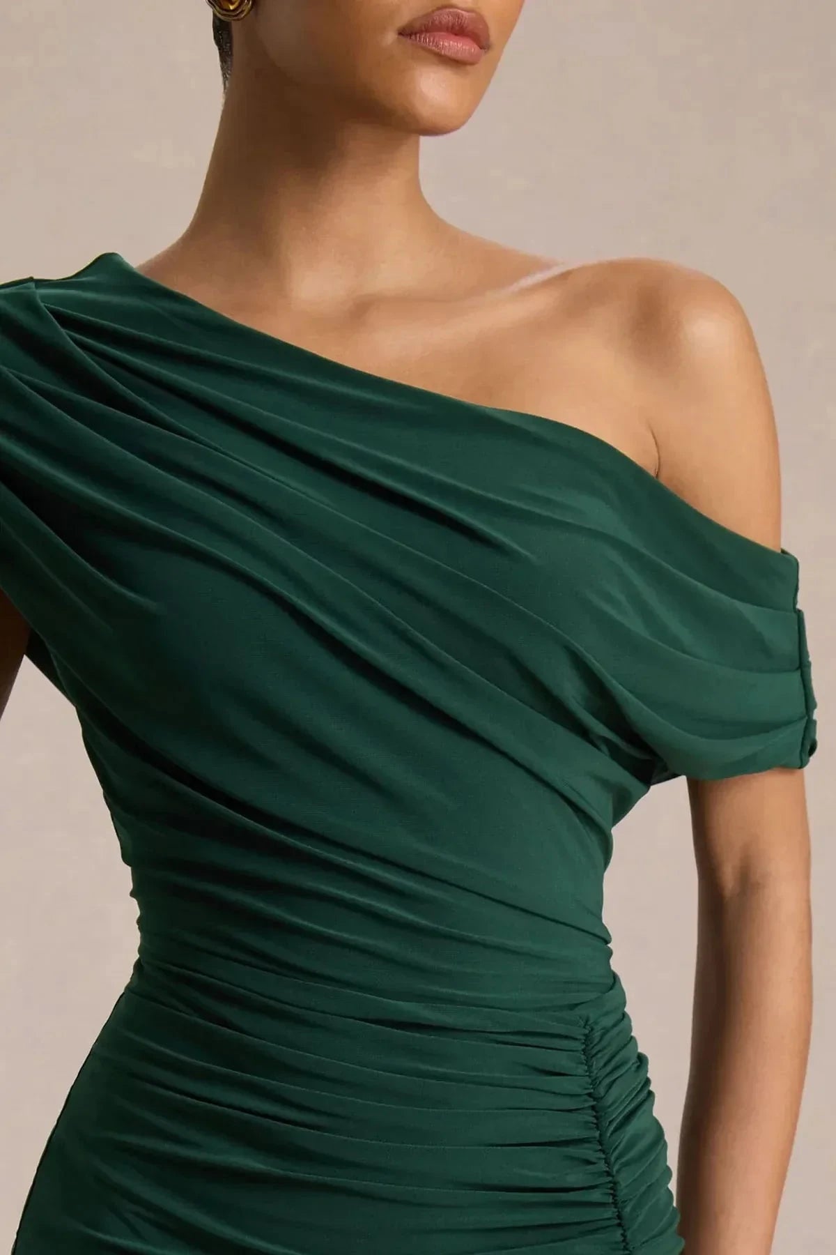 Classy Mermaid One Shoulder Draped Sleeve Ruched Back Floor Length Prom Dress by YiHuiw