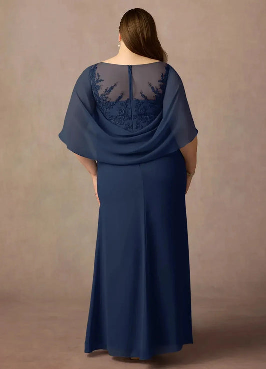 Classy Plus Size Sheath Boat Neck Cape Sleeve Lace Back Floor Length Mother of the Bride Dress by YiHuiw