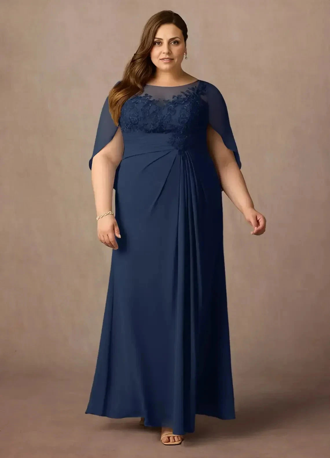 Classy Plus Size Sheath Boat Neck Cape Sleeve Lace Back Floor Length Mother of the Bride Dress by YiHuiw