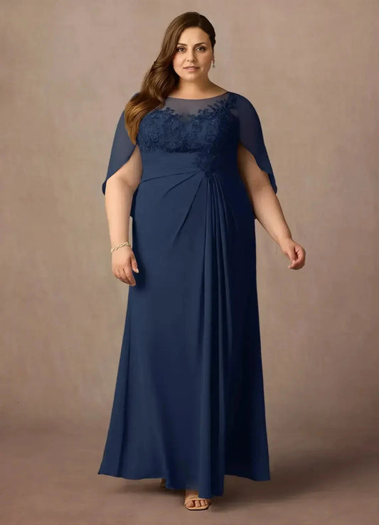 Classy Plus Size Sheath Boat Neck Cape Sleeve Lace Back Floor Length Mother of the Bride Dress by YiHuiw