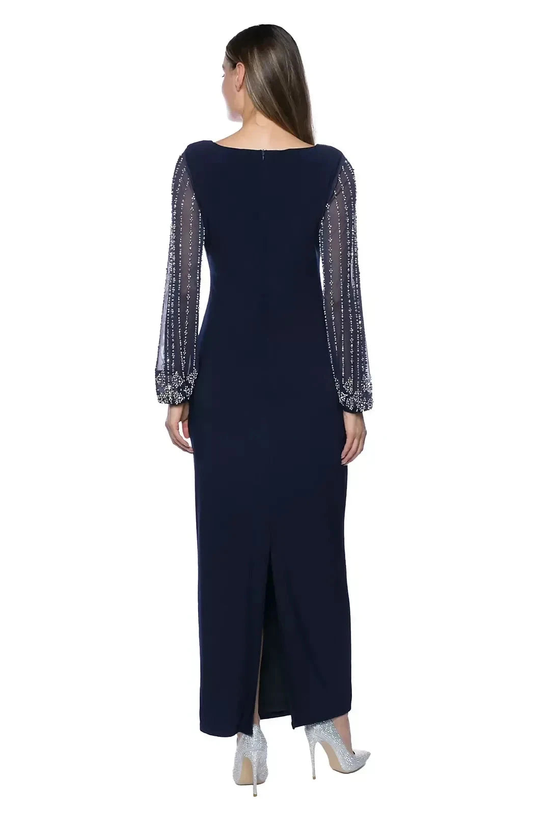 Classy Sheath Boat Neck Beaded Long Sleeve Zipper Back Floor Length Mother of the Bride Dress by YiHuiw