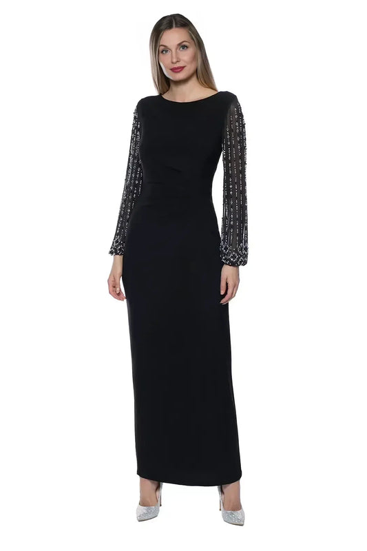 Classy Sheath Boat Neck Beaded Long Sleeve Zipper Back Floor Length Mother of the Bride Dress by YiHuiw