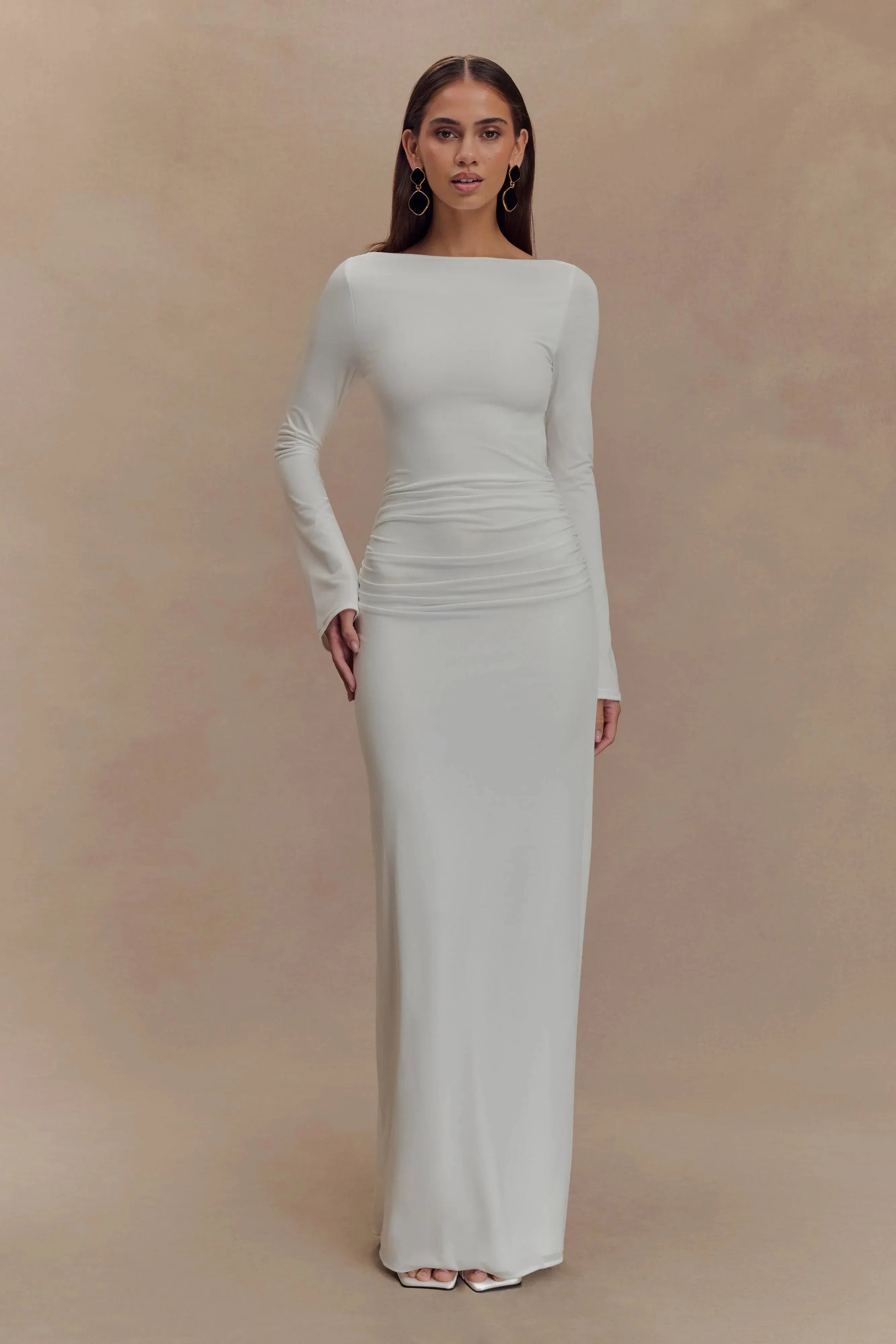 Classy Sheath Boat Neck Long Sleeve Cutout Back Floor Length Prom Dress by YiHuiw