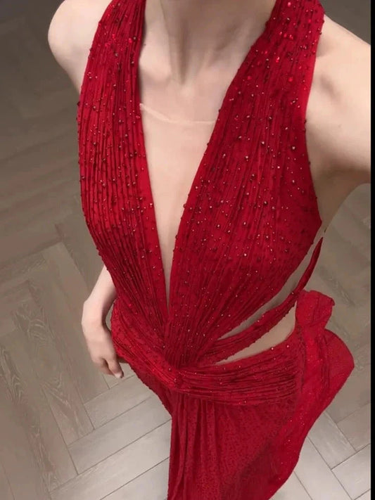 Classy A Line V Neck Red Long Prom Gown Summer Wedding Guest Dress Bridal Guest Dresses Wedding Outfits For Guest simple gentle atmospheric and unique desi Bring summer colors to enhance whiteness by YiHuiw