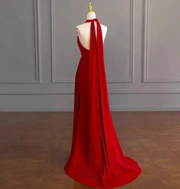 Classy A line Halter Sleeveless Satin Prom Dresses Red Summer Wedding Guest Dresses Wedding Guest Outfits simple gentle atmospheric and unique desi Bring summer colors to enhance whiteness by YiHuiw