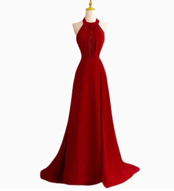 Classy A line Halter Sleeveless Satin Prom Dresses Red Summer Wedding Guest Dresses Wedding Guest Outfits simple gentle atmospheric and unique desi Bring summer colors to enhance whiteness by YiHuiw
