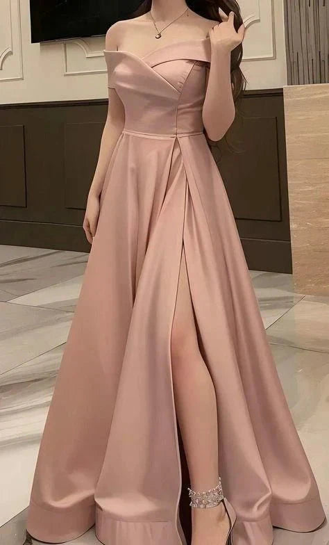 Classy A line Off The Shoulder Blush Pink Slit Formal Long Prom Gown Summer Wedding Guest Dress Bridal Guest Dresses Wedding Outfits For Guest simple gentle atmospheric and unique desi Bring summer colors to enhance whiteness by YiHuiw