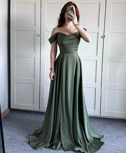 Classy A line Off The Shoulder Olive Green Slit Formal Long Prom Gown Summer Wedding Guest Dress Bridal Guest Dresses Wedding Outfits For Guest simple gentle atmospheric and unique desi Bring summer colors to enhance whiteness by YiHuiw