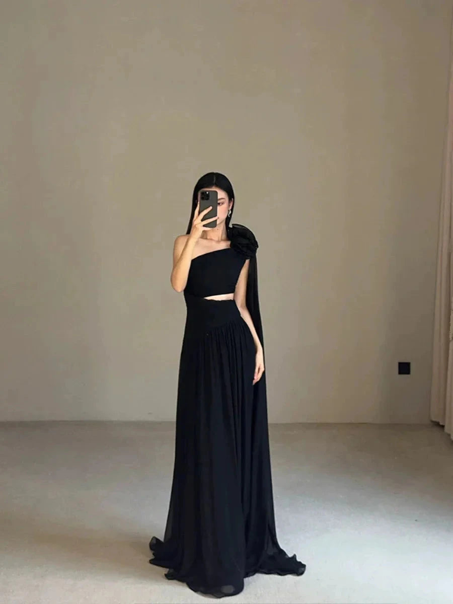 Classy A line One Shoulder Black Chiffon Long Prom Gown Summer Wedding Guest Dress Bridal Guest Dresses Wedding Outfits For Guest simple gentle atmospheric and unique desi Bring summer colors to enhance whiteness by YiHuiw