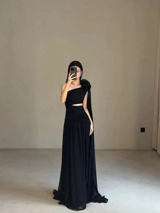 Classy A line One Shoulder Black Chiffon Long Prom Gown Summer Wedding Guest Dress Bridal Guest Dresses Wedding Outfits For Guest simple gentle atmospheric and unique desi Bring summer colors to enhance whiteness by YiHuiw