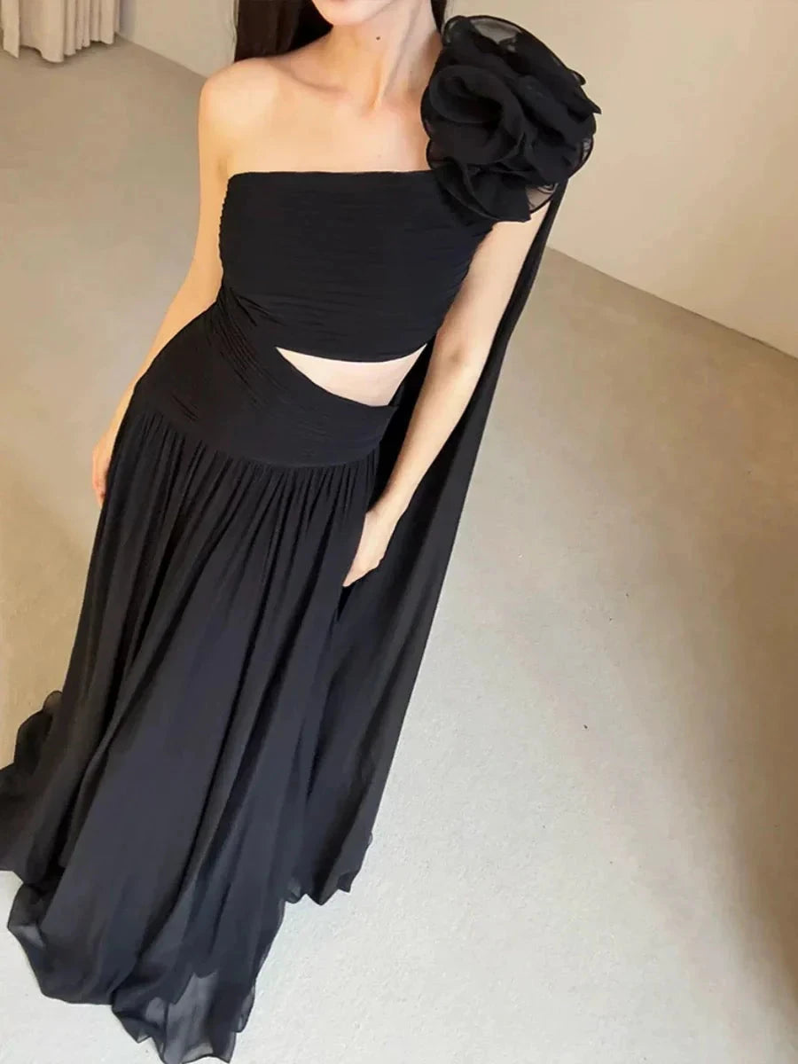 Classy A line One Shoulder Black Chiffon Long Prom Gown Summer Wedding Guest Dress Bridal Guest Dresses Wedding Outfits For Guest simple gentle atmospheric and unique desi Bring summer colors to enhance whiteness by YiHuiw