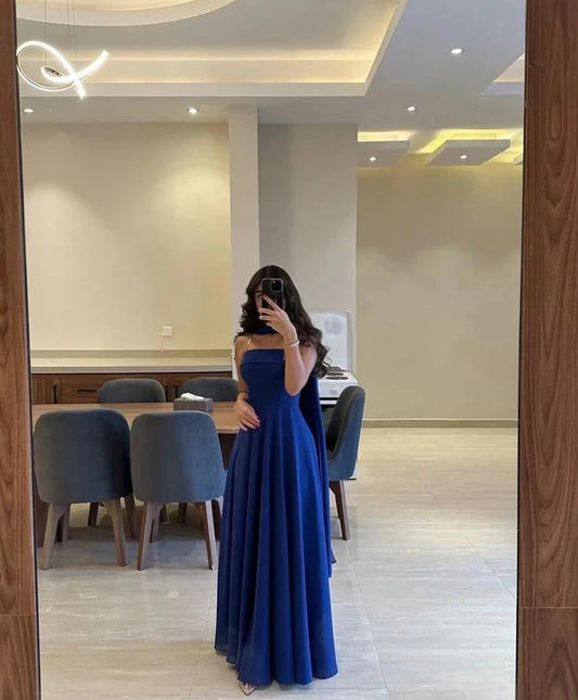 Classy A line Strapless Royal Blue Chiffon Long Prom Gown Summer Wedding Guest Dress Bridal Guest Dresses Wedding Outfits For Guest simple gentle atmospheric and unique desi Bring summer colors to enhance whiteness by YiHuiw