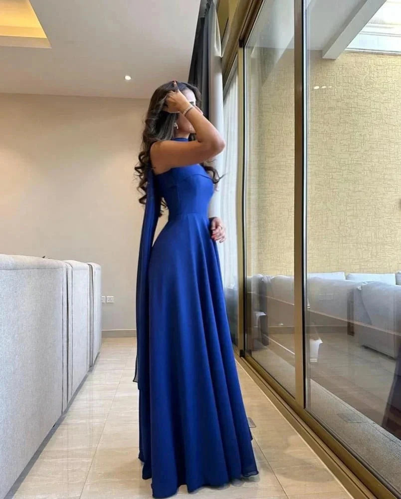 Classy A line Strapless Royal Blue Chiffon Long Prom Gown Summer Wedding Guest Dress Bridal Guest Dresses Wedding Outfits For Guest simple gentle atmospheric and unique desi Bring summer colors to enhance whiteness by YiHuiw