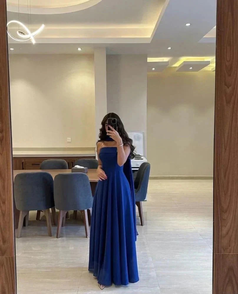 Classy A line Strapless Royal Blue Chiffon Long Prom Gown Summer Wedding Guest Dress Bridal Guest Dresses Wedding Outfits For Guest simple gentle atmospheric and unique desi Bring summer colors to enhance whiteness by YiHuiw